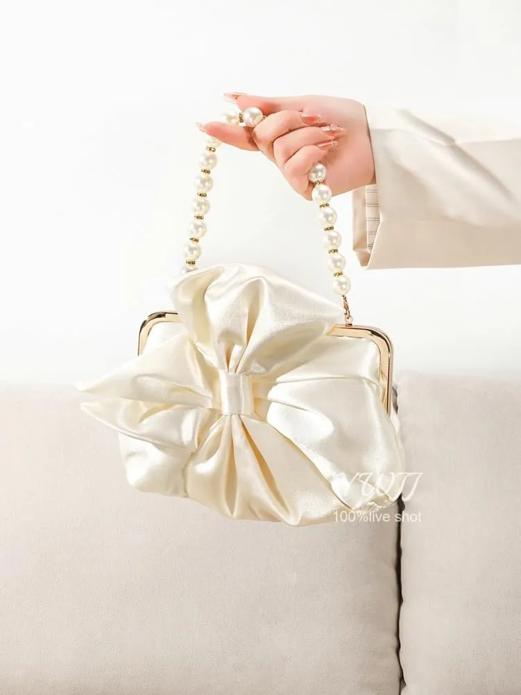 Bow Pearl Clutch Purses For Women Silk Evening Handbag Quilted Designer Ladies Dumpling Handbag for Wedding Prom Party