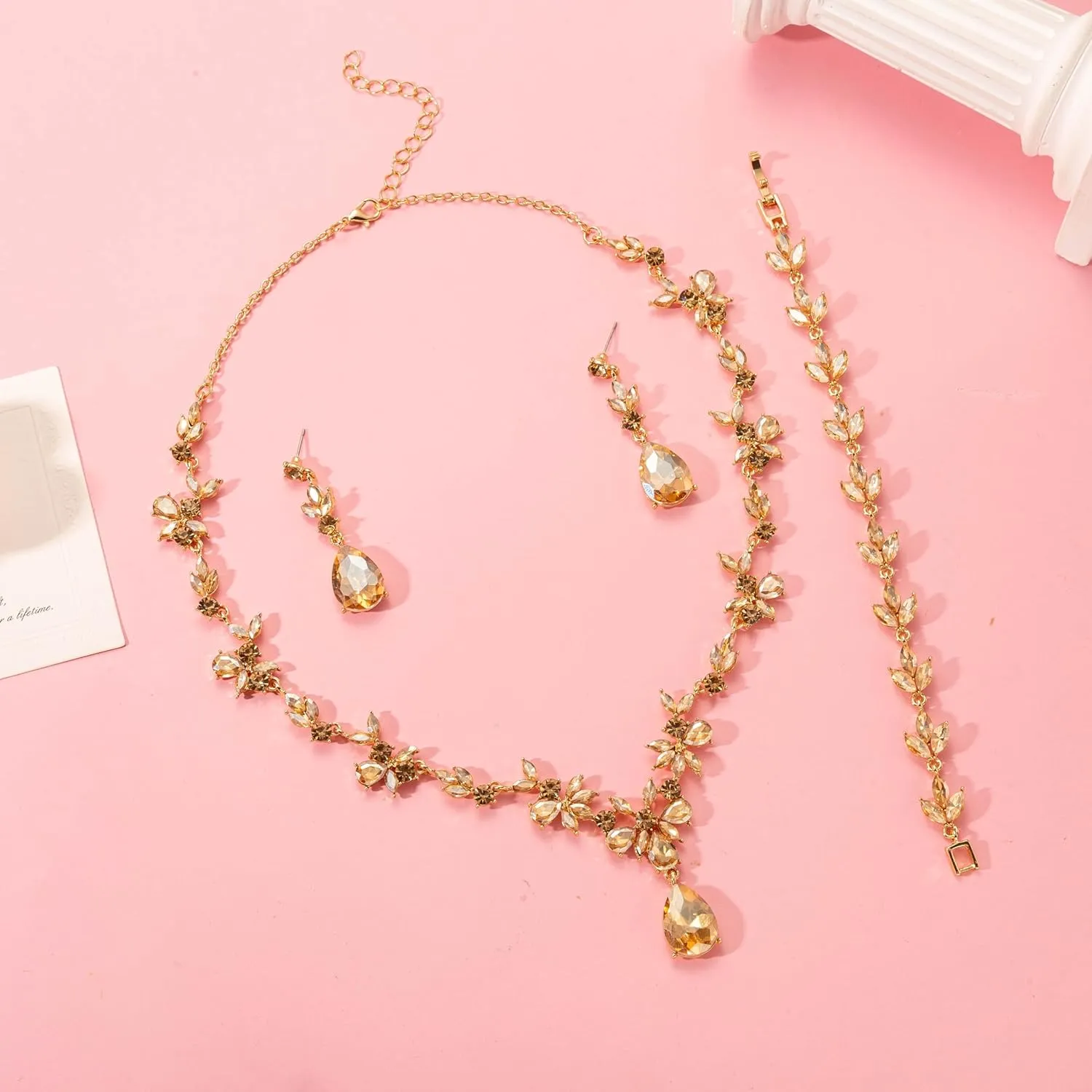 Bridal Wedding Elegant Floral Jewelry Set for Women/Brides/Bridesmaids Crystal Jewelry Set for Wedding Prom Party Bridal Crystal Necklace Earrings Bracelet Set