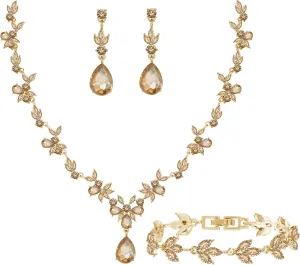 Bridal Wedding Elegant Floral Jewelry Set for Women/Brides/Bridesmaids Crystal Jewelry Set for Wedding Prom Party Bridal Crystal Necklace Earrings Bracelet Set