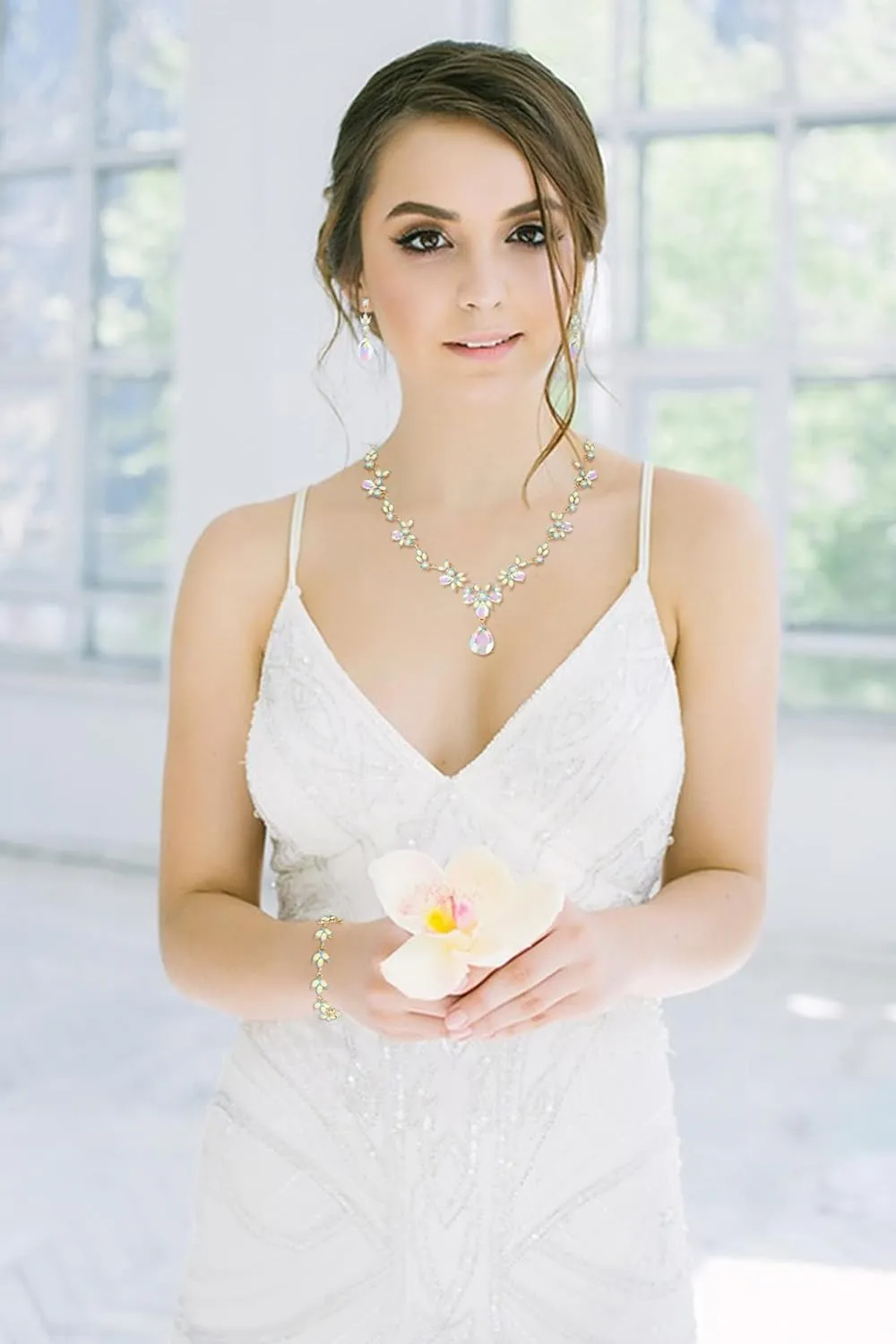 Bridal Wedding Elegant Floral Jewelry Set for Women/Brides/Bridesmaids Crystal Jewelry Set for Wedding Prom Party Bridal Crystal Necklace Earrings Bracelet Set