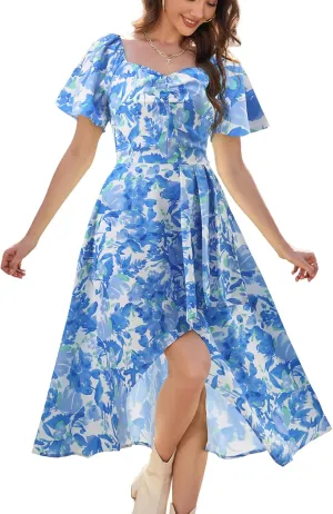Bridesmay Women's Casual Summer Dress Short Sleeve Flowy Floral Dresses for Wedding Guest Asymmetrical Square Neck