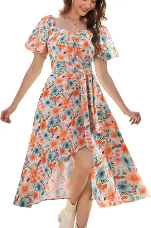 Bridesmay Women's Casual Summer Dress Short Sleeve Flowy Floral Dresses for Wedding Guest Asymmetrical Square Neck