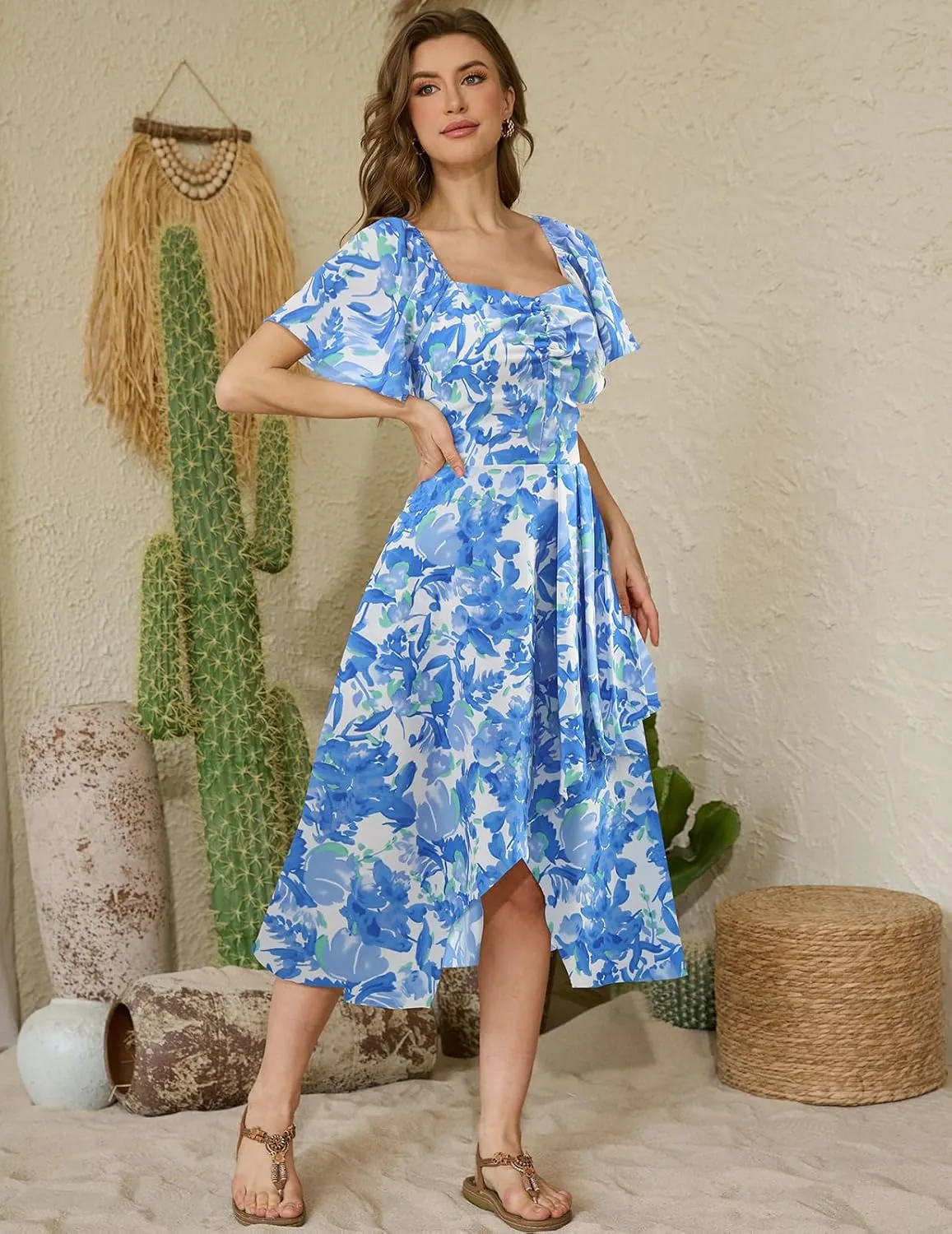 Bridesmay Women's Casual Summer Dress Short Sleeve Flowy Floral Dresses for Wedding Guest Asymmetrical Square Neck