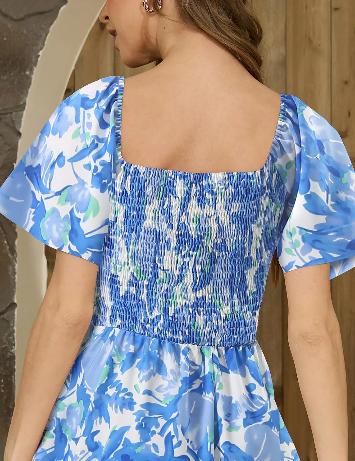 Bridesmay Women's Casual Summer Dress Short Sleeve Flowy Floral Dresses for Wedding Guest Asymmetrical Square Neck