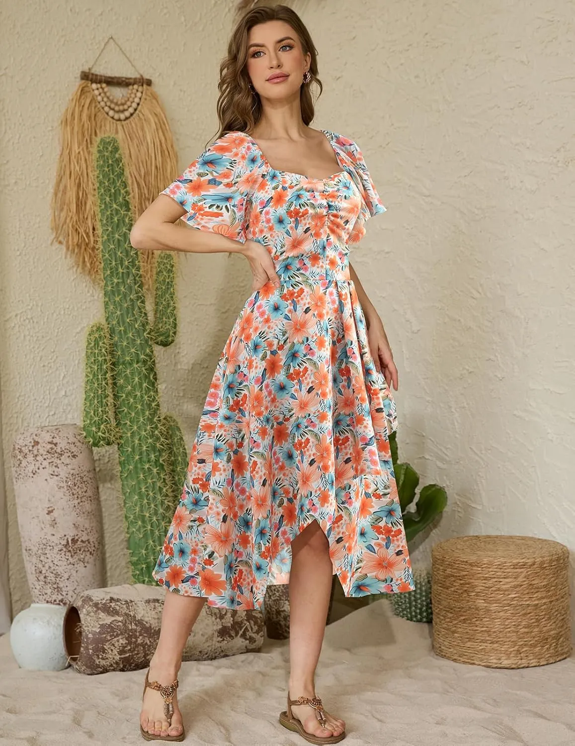 Bridesmay Women's Casual Summer Dress Short Sleeve Flowy Floral Dresses for Wedding Guest Asymmetrical Square Neck