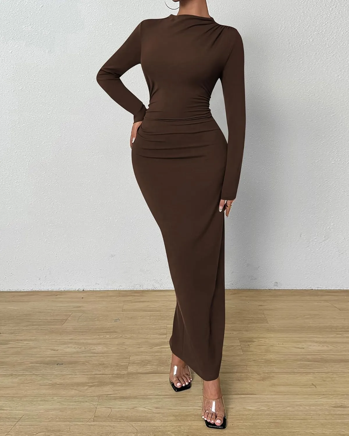 BTFBM Women Bodycon Maxi Dress Long Sleeve Back Slit Ruched Elegant Party Cocktail Formal Spring Wedding Guest Dresses