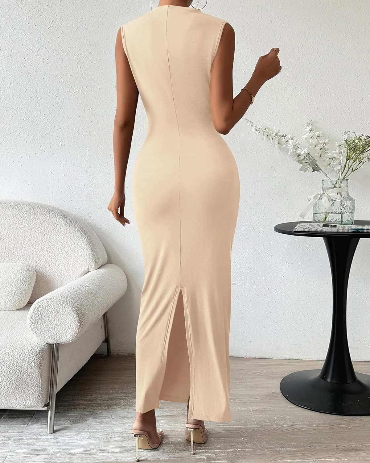 BTFBM Women's Ruched Bodycon Dress Summer Casual Sleeveless Back Slit Elegant Club Evening Party Cocktail Maxi Dresses