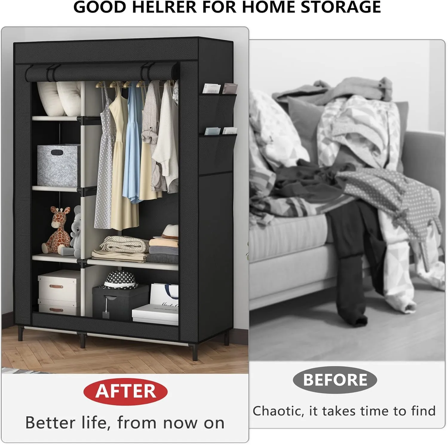 Buzowruil Canvas Wardrobe Portable Closet Wardrobe Clothes Storage with 6 Shelves and Hanging Rail,Non-Woven Fabric, Quick and Easy Assembly,Black