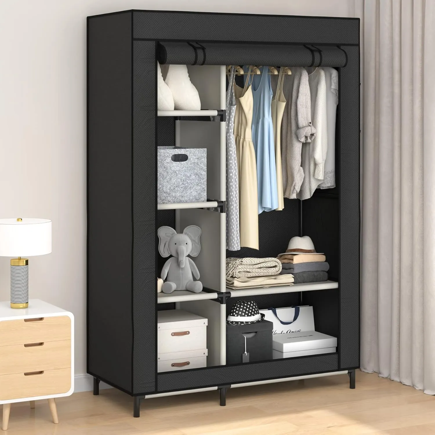 Buzowruil Canvas Wardrobe Portable Closet Wardrobe Clothes Storage with 6 Shelves and Hanging Rail,Non-Woven Fabric, Quick and Easy Assembly,Black