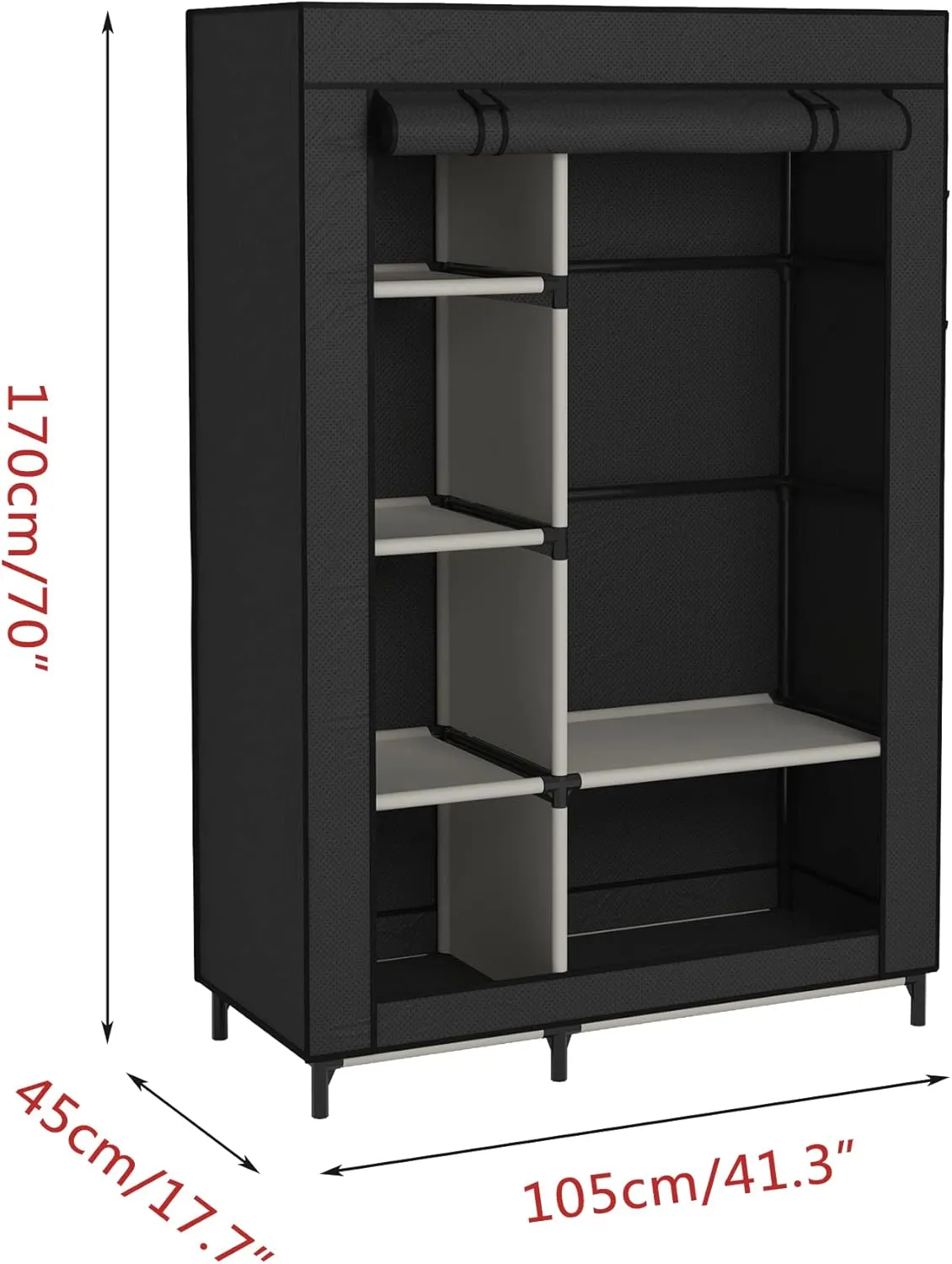 Buzowruil Canvas Wardrobe Portable Closet Wardrobe Clothes Storage with 6 Shelves and Hanging Rail,Non-Woven Fabric, Quick and Easy Assembly,Black
