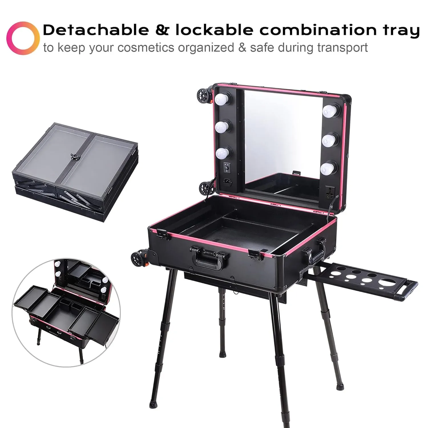 BYOOTIQUE Rolling Makeup Case with LED Lighted Mirror 26 inch Extra Large Cosmetic Organizer Storage Trolley Case with Extendable Tray Adjustable Leg For Makeup Artist Studio Travel Salon