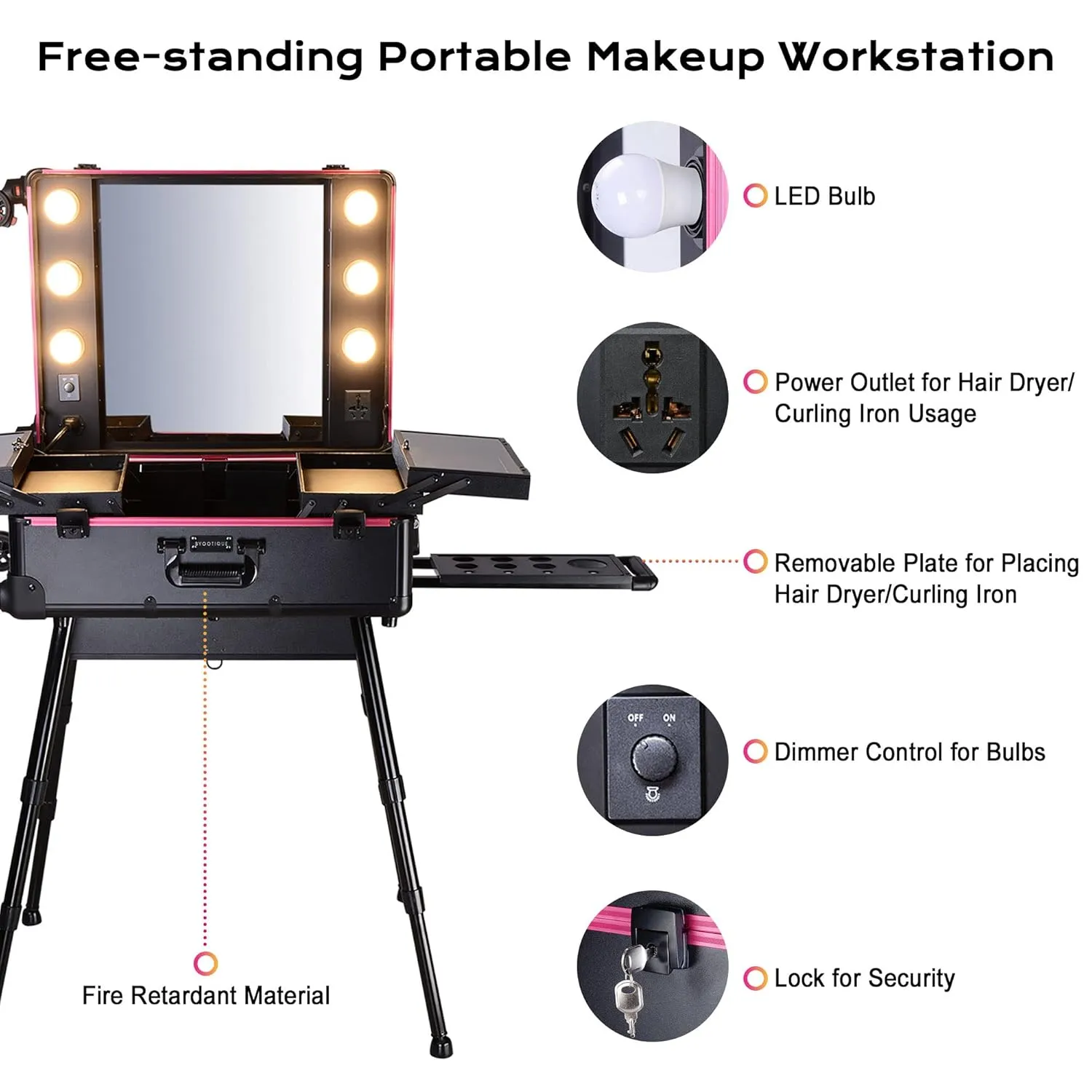 BYOOTIQUE Rolling Makeup Case with LED Lighted Mirror 26 inch Extra Large Cosmetic Organizer Storage Trolley Case with Extendable Tray Adjustable Leg For Makeup Artist Studio Travel Salon