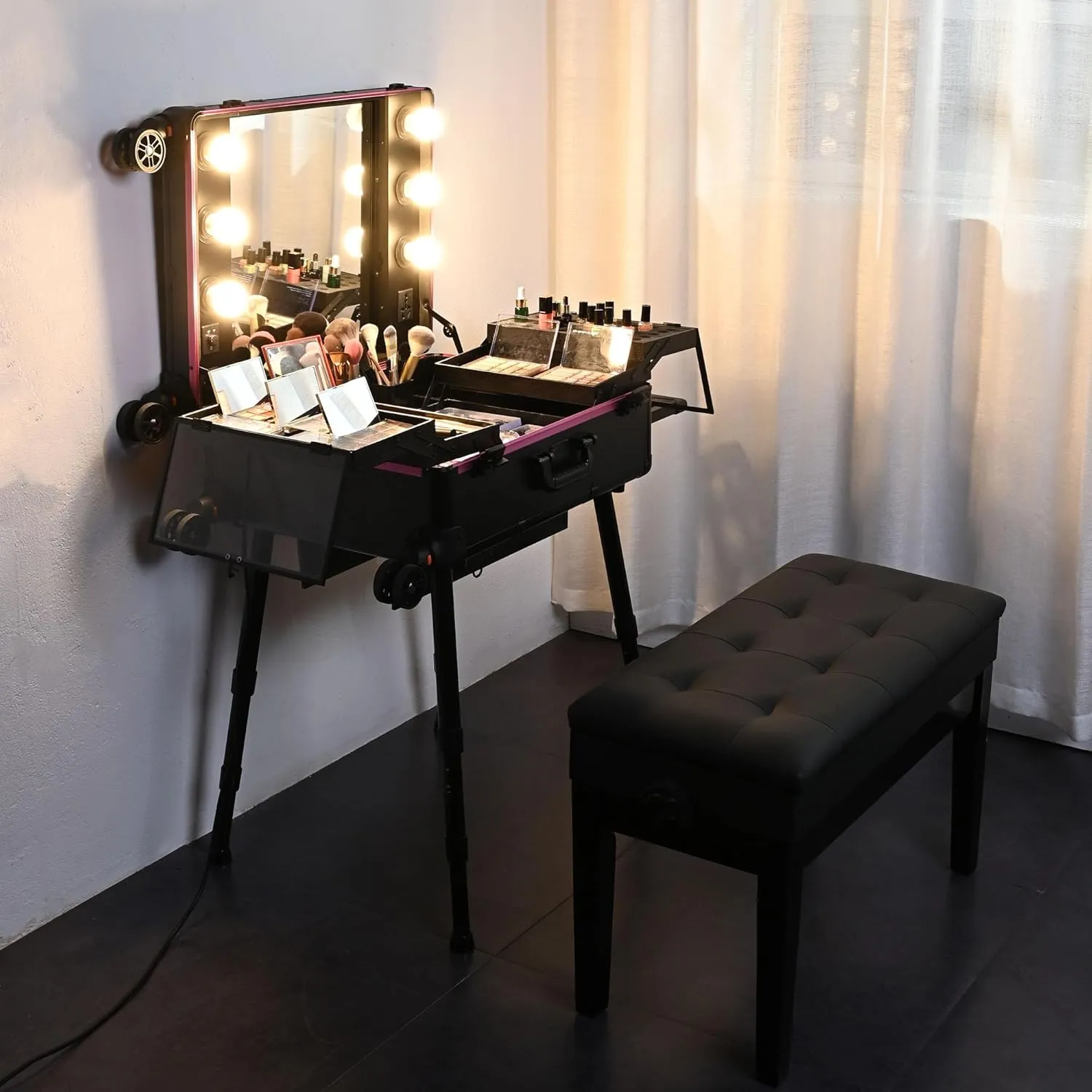 BYOOTIQUE Rolling Makeup Case with LED Lighted Mirror 26 inch Extra Large Cosmetic Organizer Storage Trolley Case with Extendable Tray Adjustable Leg For Makeup Artist Studio Travel Salon