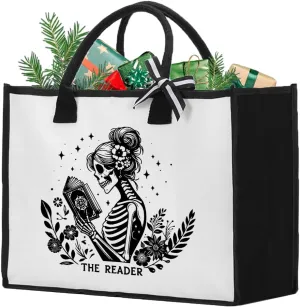 Canvas Book Tote Bag for Woman Book Lover Christmas Woman's Mother's Day Birthday Gifts for Women Librarian Bookish Gifts for Readers, Skeleton Reading The Reader Tote Bag