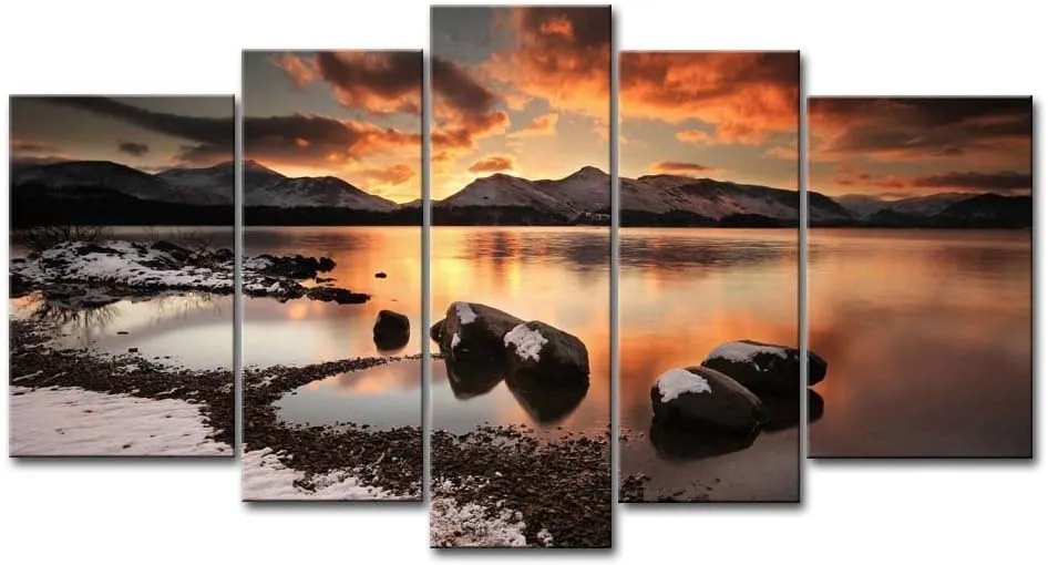 Canvas Print Wall Art Picture For Home Decor Mountain Lake Winter Evening Rock Ice Beach Snow 5 Pieces Panel Pictures Stretched And Framed Artwork Oil The Decoration Landscape Photo Prints