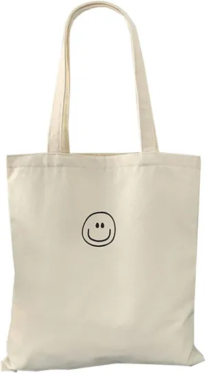 Canvas Shoulder Bag, Lightweight Multi-Purpose Design, Large Size, Smiley Face Print, White