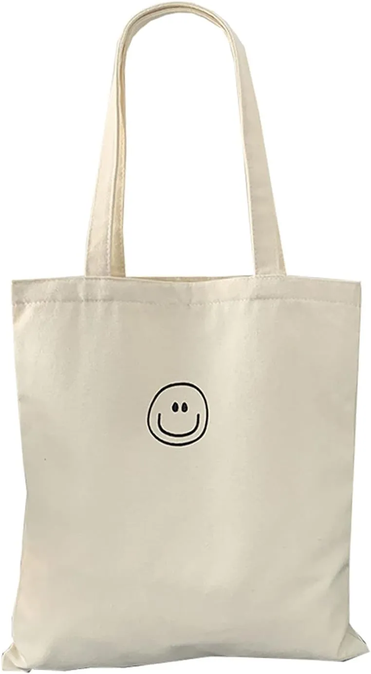Canvas Shoulder Bag, Lightweight Multi-Purpose Design, Large Size, Smiley Face Print, White