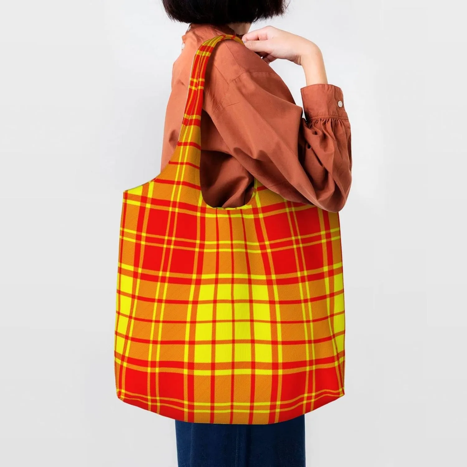 Canvas Shoulder Tote Bags For Women And Men, Reusable Grocery Bags, Large Capacity Clelland Modern Tartan Printed