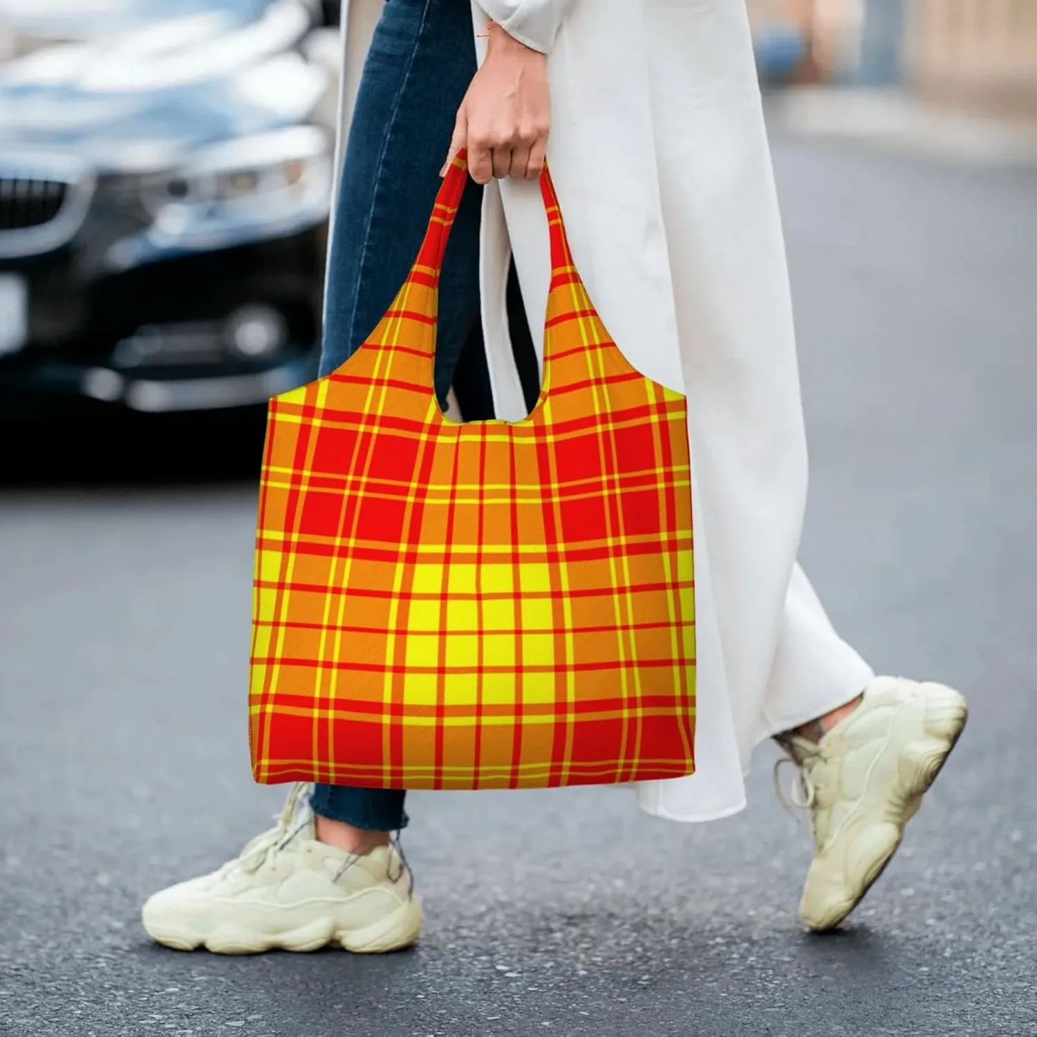 Canvas Shoulder Tote Bags For Women And Men, Reusable Grocery Bags, Large Capacity Clelland Modern Tartan Printed