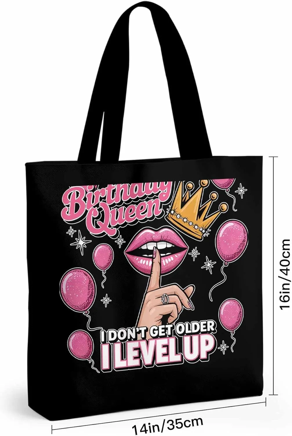 Canvas Tote Bag Birthday Queen Pink Lips Reusable Grocery Shopping Bags with Handle, Crown Balloon Large Canvas