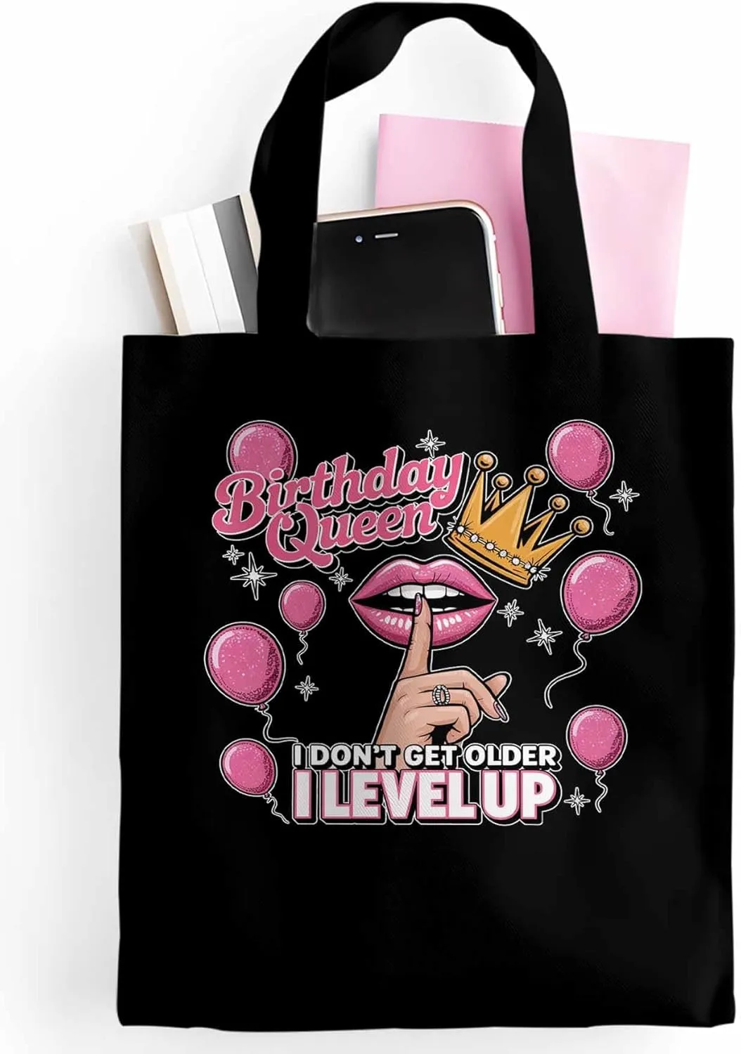 Canvas Tote Bag Birthday Queen Pink Lips Reusable Grocery Shopping Bags with Handle, Crown Balloon Large Canvas