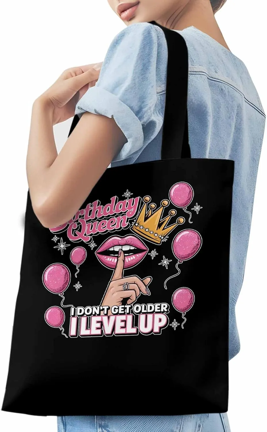 Canvas Tote Bag Birthday Queen Pink Lips Reusable Grocery Shopping Bags with Handle, Crown Balloon Large Canvas