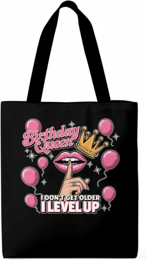 Canvas Tote Bag Birthday Queen Pink Lips Reusable Grocery Shopping Bags with Handle, Crown Balloon Large Canvas
