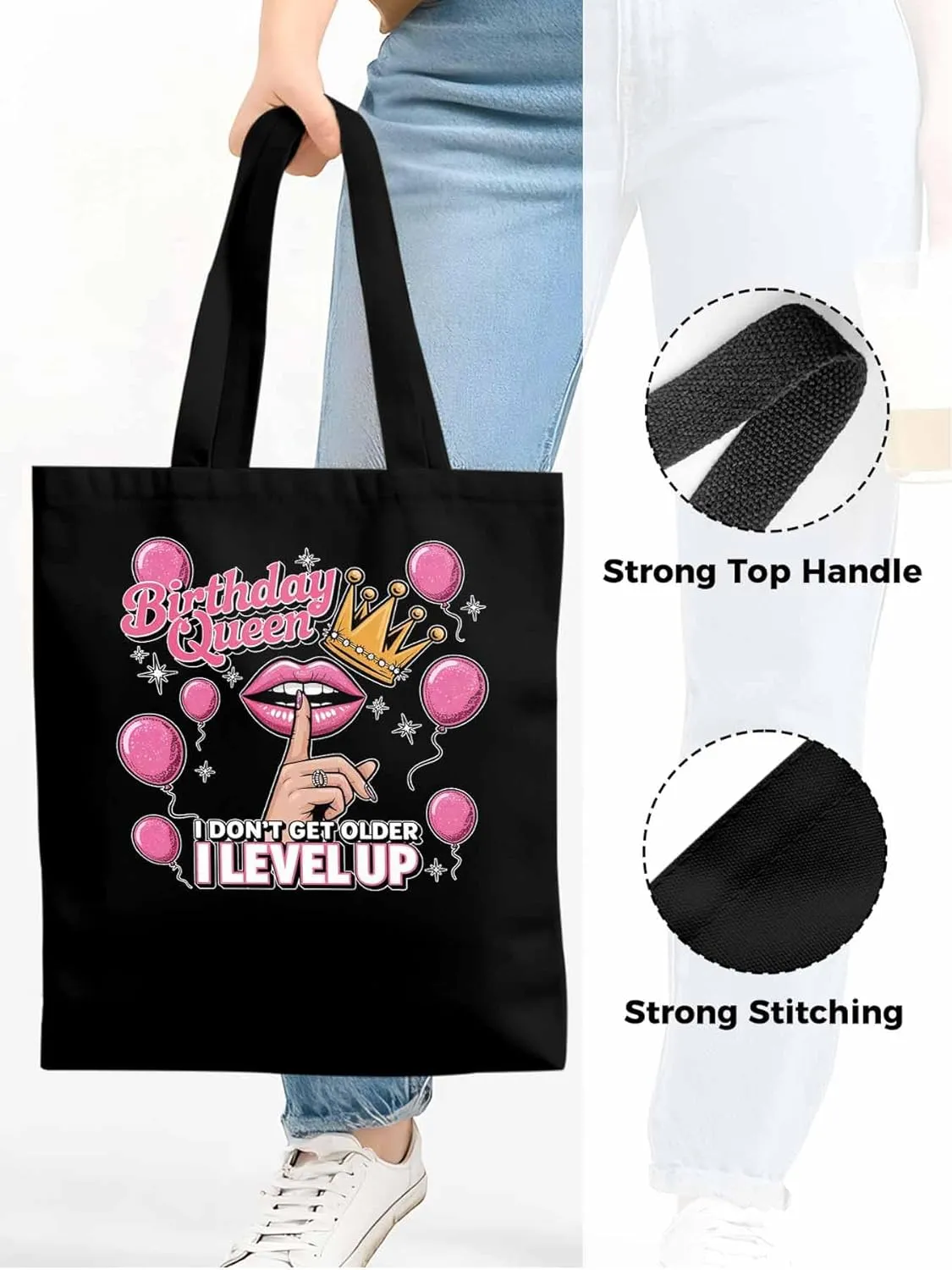 Canvas Tote Bag Birthday Queen Pink Lips Reusable Grocery Shopping Bags with Handle, Crown Balloon Large Canvas