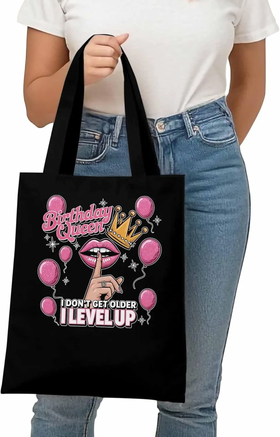 Canvas Tote Bag Birthday Queen Pink Lips Reusable Grocery Shopping Bags with Handle, Crown Balloon Large Canvas