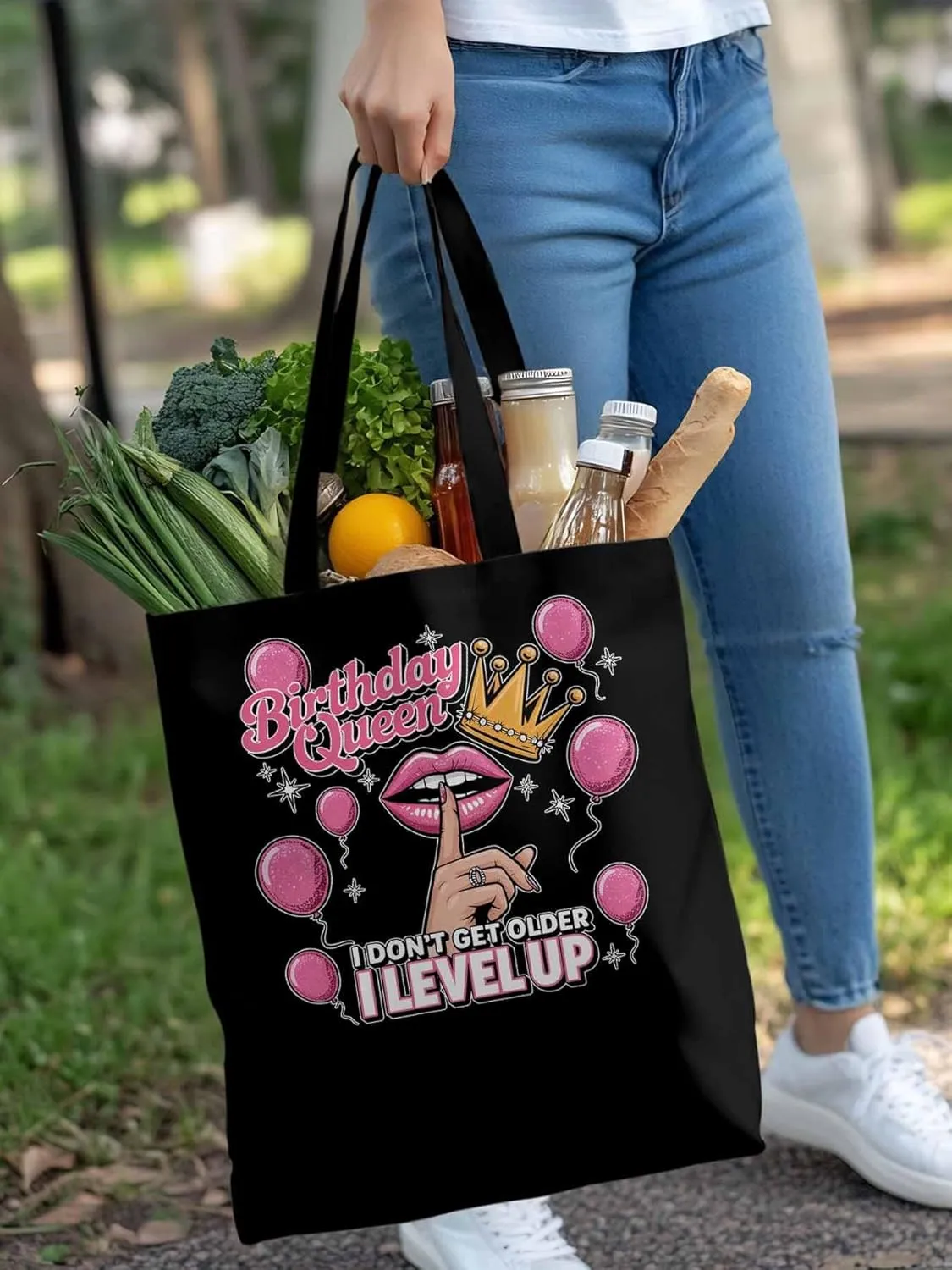 Canvas Tote Bag Birthday Queen Pink Lips Reusable Grocery Shopping Bags with Handle, Crown Balloon Large Canvas