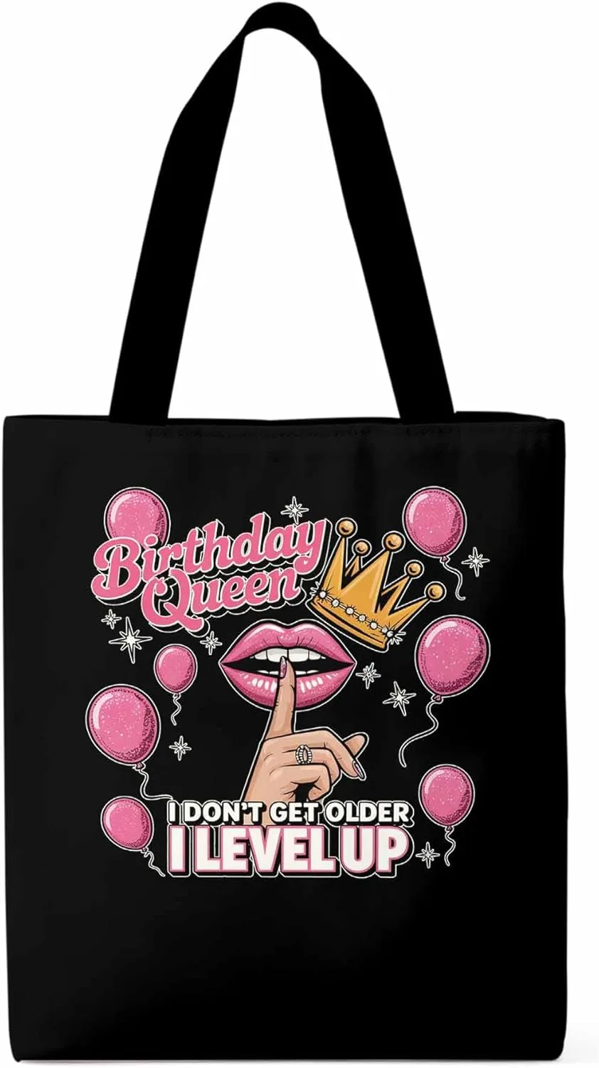 Canvas Tote Bag Birthday Queen Pink Lips Reusable Grocery Shopping Bags with Handle, Crown Balloon Large Canvas