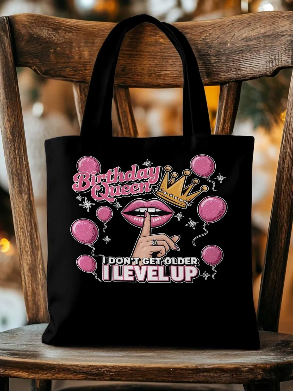 Canvas Tote Bag Birthday Queen Pink Lips Reusable Grocery Shopping Bags with Handle, Crown Balloon Large Canvas