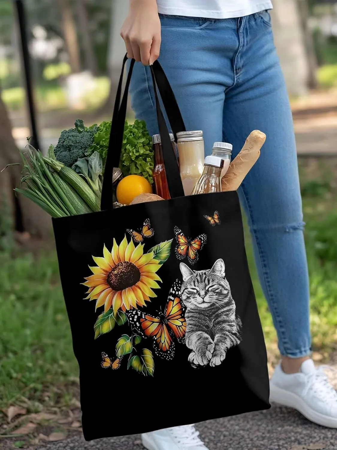 Canvas Tote Bag Butterfly Sunflower Reusable Grocery Shopping Bags with Handle, Cute Cat Large Canvas