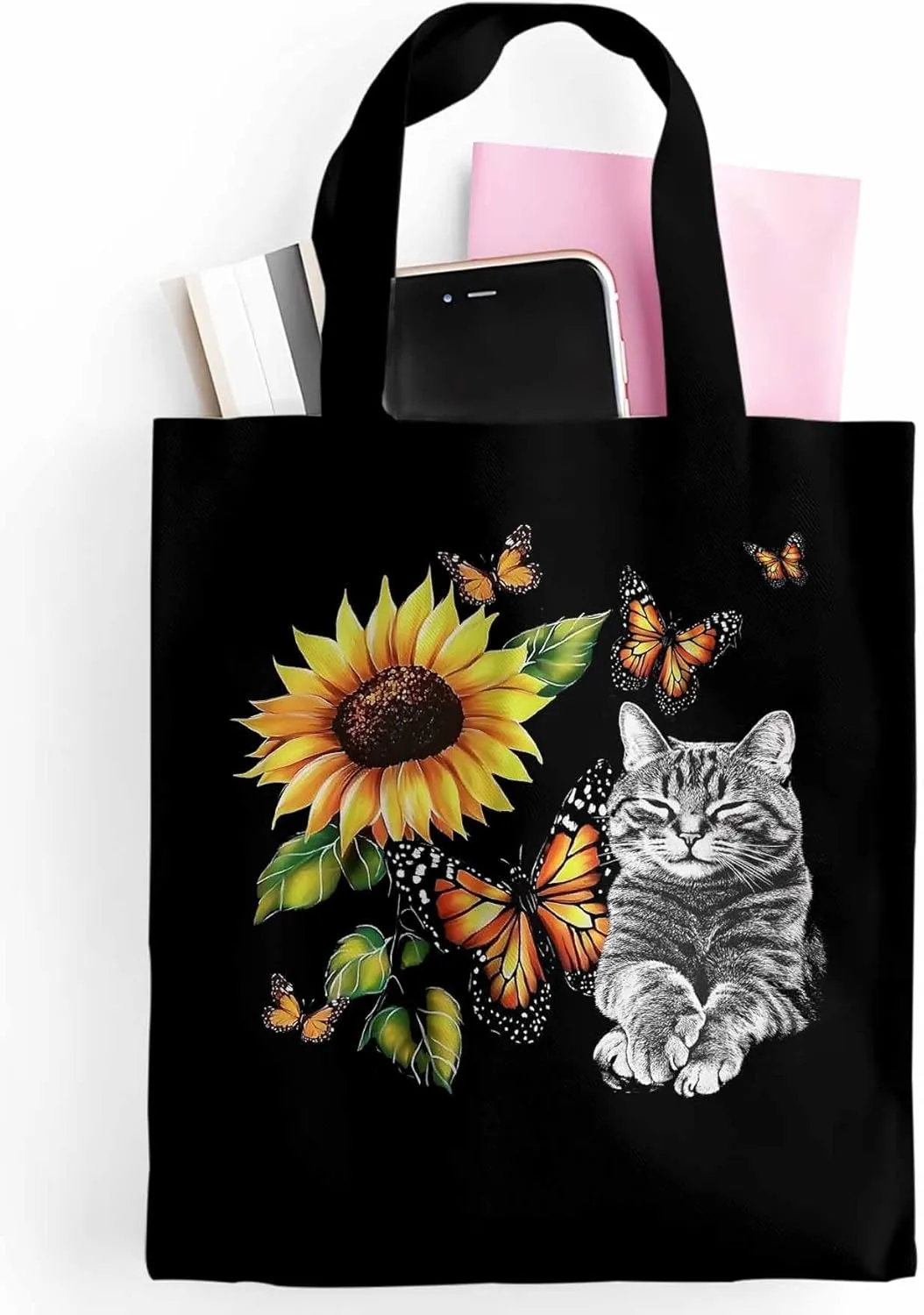 Canvas Tote Bag Butterfly Sunflower Reusable Grocery Shopping Bags with Handle, Cute Cat Large Canvas