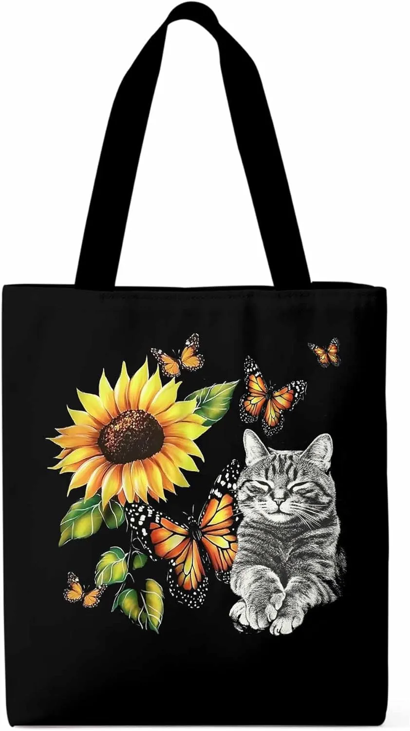 Canvas Tote Bag Butterfly Sunflower Reusable Grocery Shopping Bags with Handle, Cute Cat Large Canvas