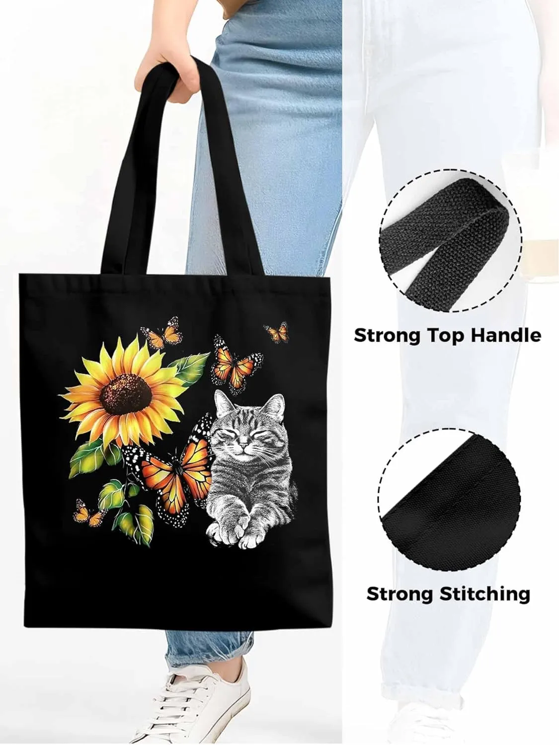 Canvas Tote Bag Butterfly Sunflower Reusable Grocery Shopping Bags with Handle, Cute Cat Large Canvas