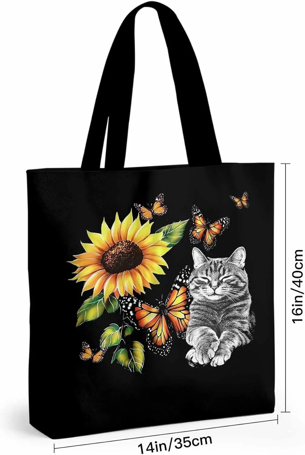 Canvas Tote Bag Butterfly Sunflower Reusable Grocery Shopping Bags with Handle, Cute Cat Large Canvas