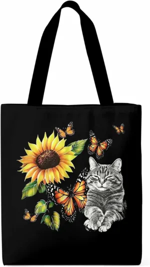 Canvas Tote Bag Butterfly Sunflower Reusable Grocery Shopping Bags with Handle, Cute Cat Large Canvas