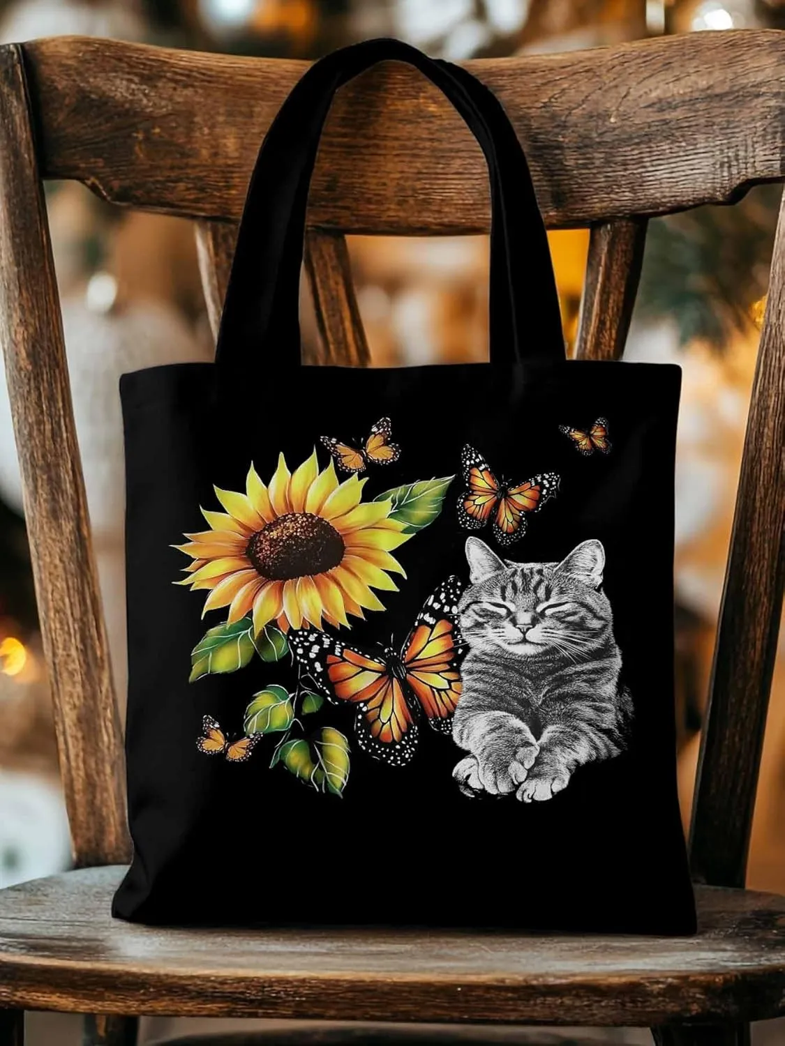 Canvas Tote Bag Butterfly Sunflower Reusable Grocery Shopping Bags with Handle, Cute Cat Large Canvas