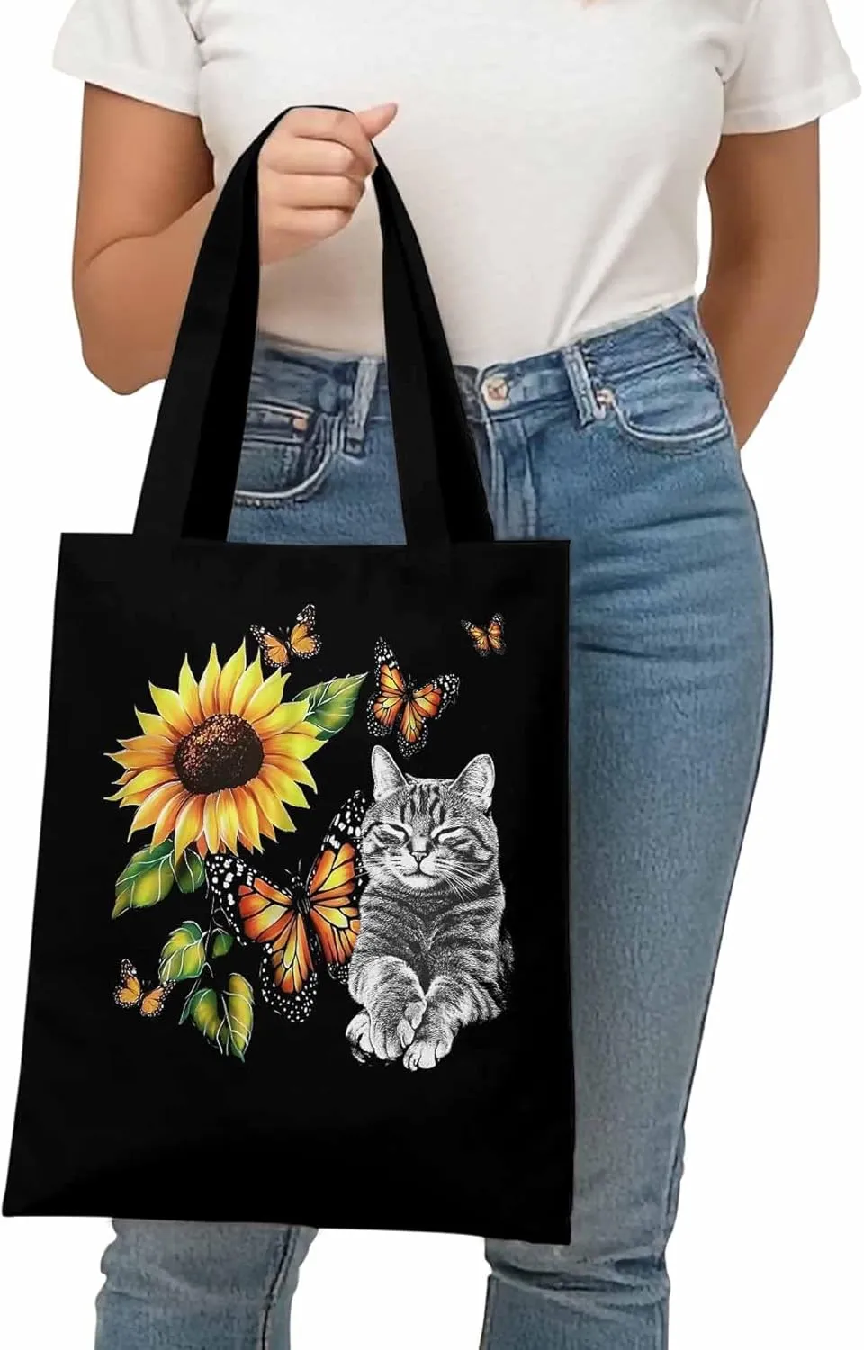 Canvas Tote Bag Butterfly Sunflower Reusable Grocery Shopping Bags with Handle, Cute Cat Large Canvas
