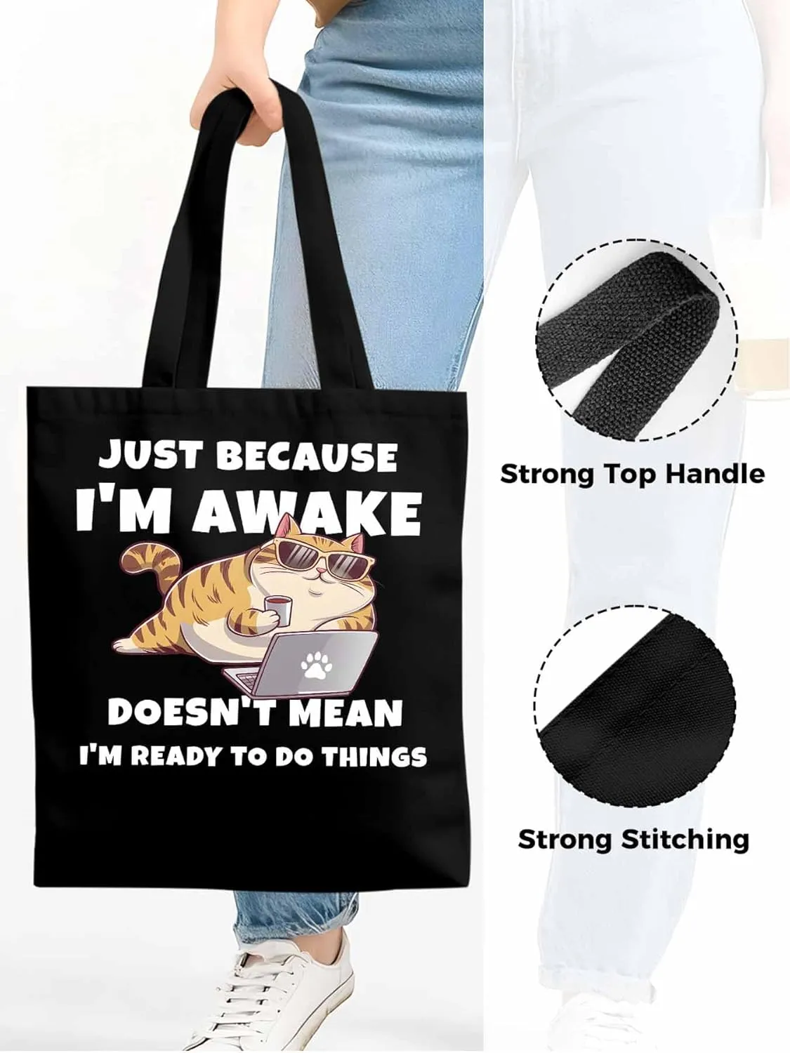 Canvas Tote Bag Cartoon Cat Work Reusable Grocery Shopping Bags with Handle, Funny Quote Large Canvas