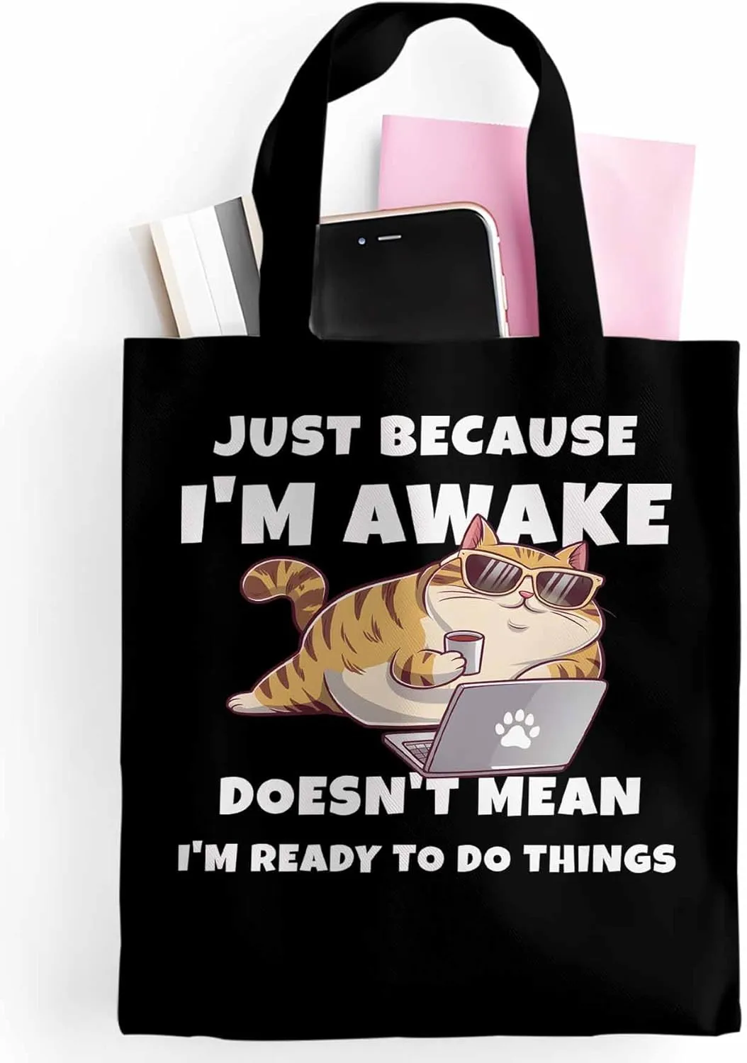 Canvas Tote Bag Cartoon Cat Work Reusable Grocery Shopping Bags with Handle, Funny Quote Large Canvas