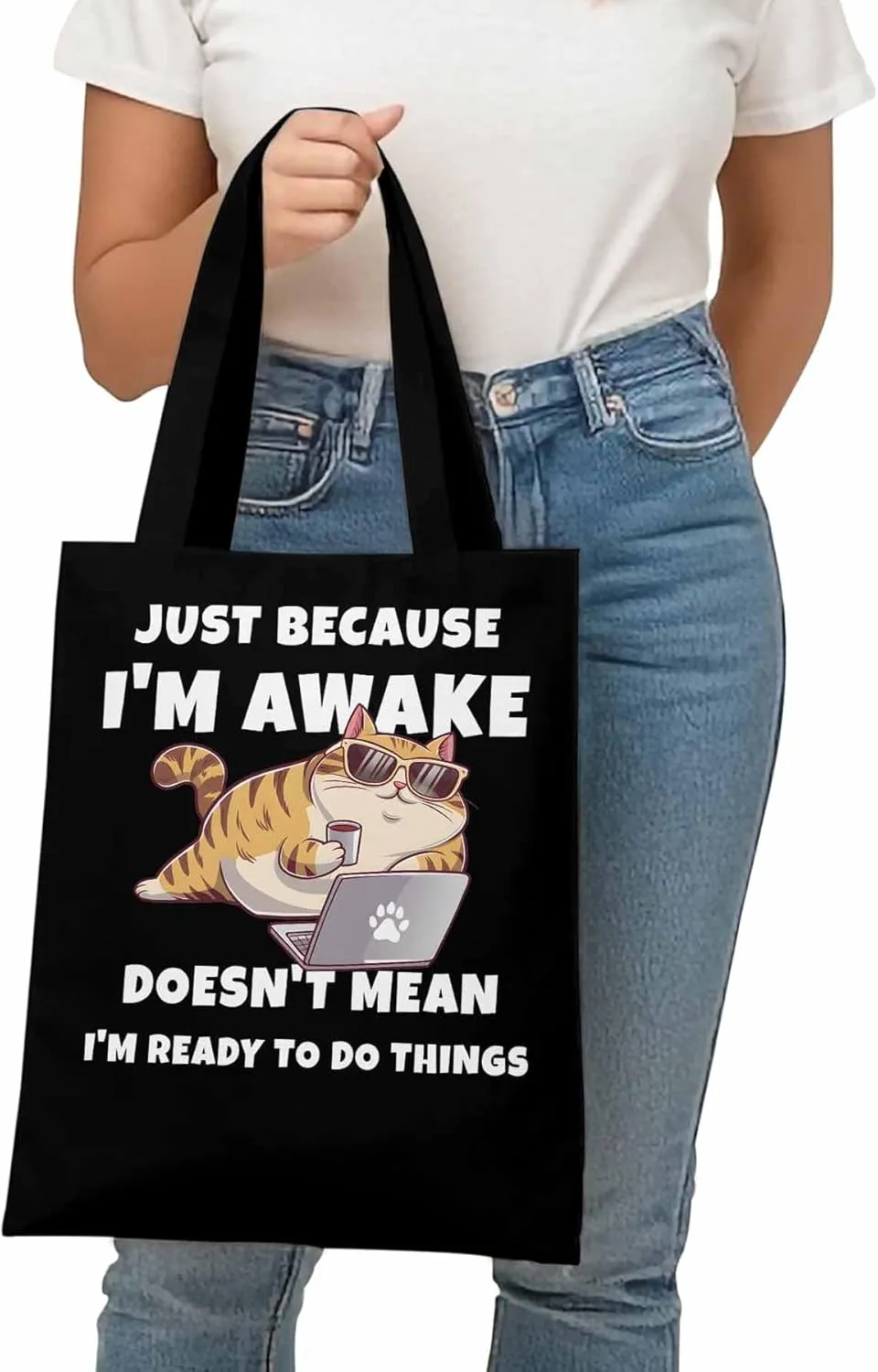 Canvas Tote Bag Cartoon Cat Work Reusable Grocery Shopping Bags with Handle, Funny Quote Large Canvas