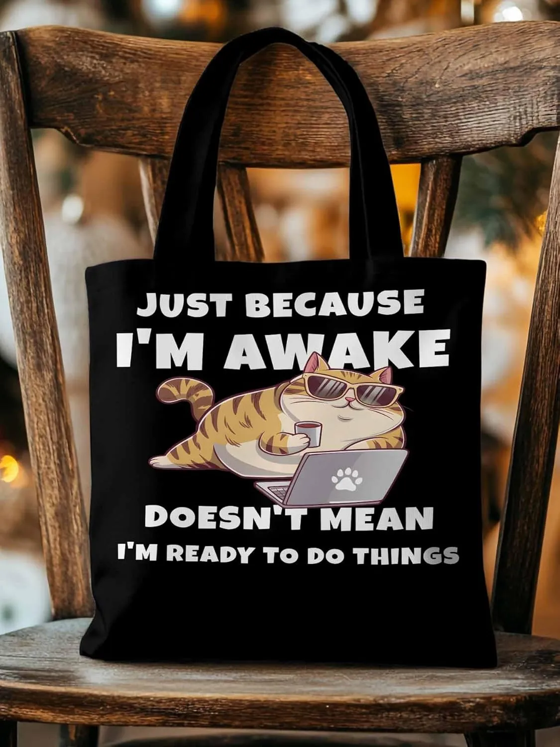 Canvas Tote Bag Cartoon Cat Work Reusable Grocery Shopping Bags with Handle, Funny Quote Large Canvas