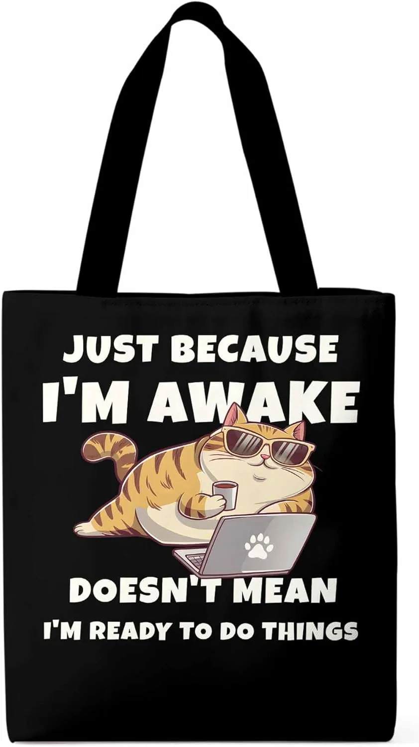 Canvas Tote Bag Cartoon Cat Work Reusable Grocery Shopping Bags with Handle, Funny Quote Large Canvas