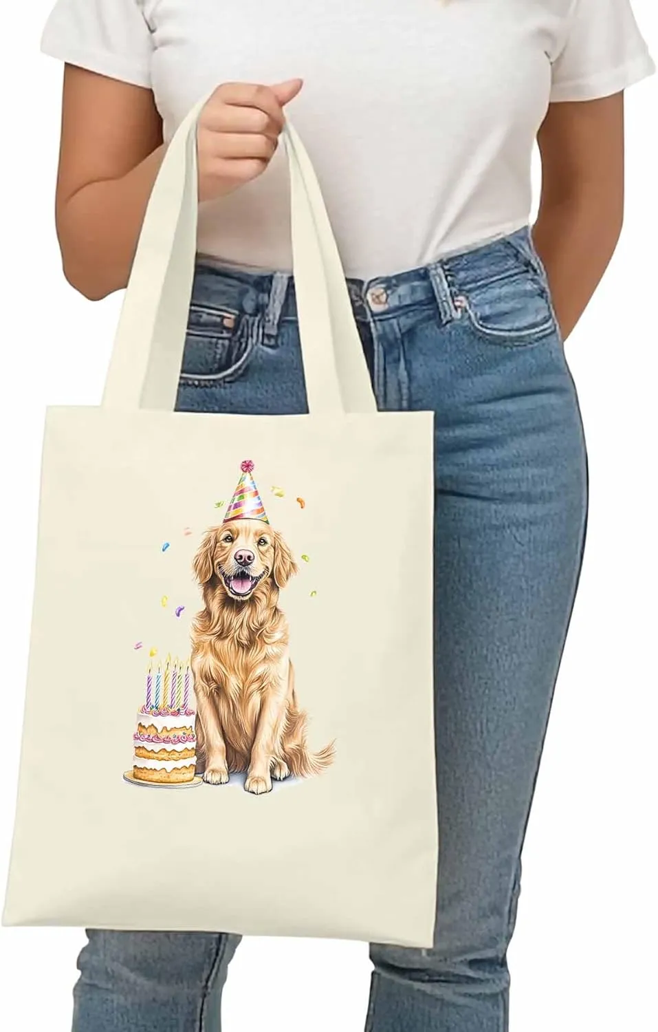 Canvas Tote Bag Dog Birthday Reusable Grocery Shopping Bags with Handle, Cute Animal Large Canvas