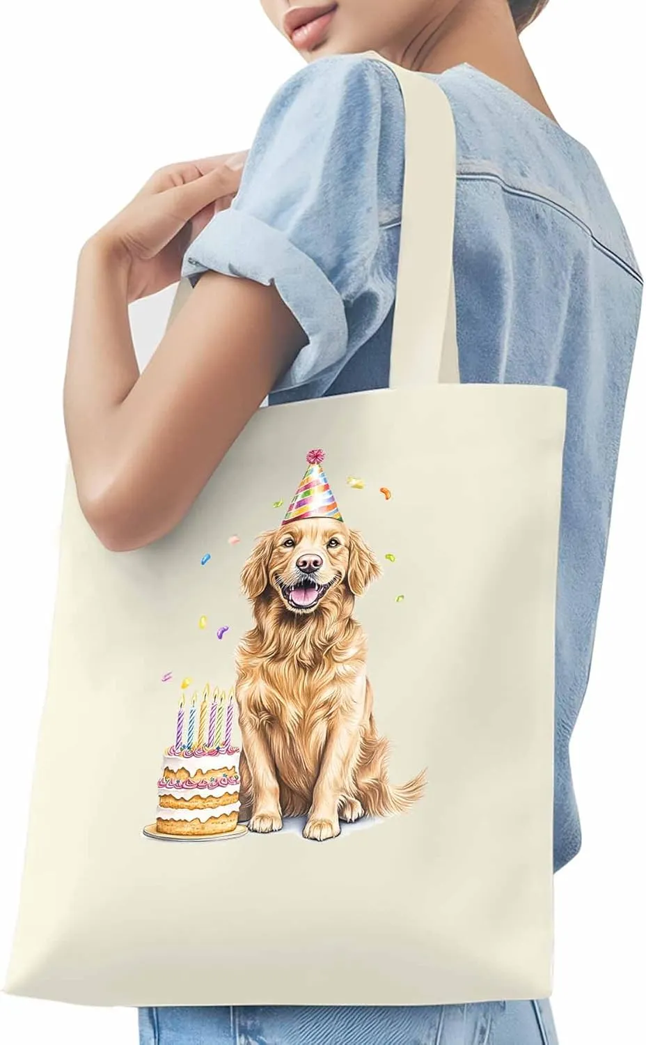 Canvas Tote Bag Dog Birthday Reusable Grocery Shopping Bags with Handle, Cute Animal Large Canvas