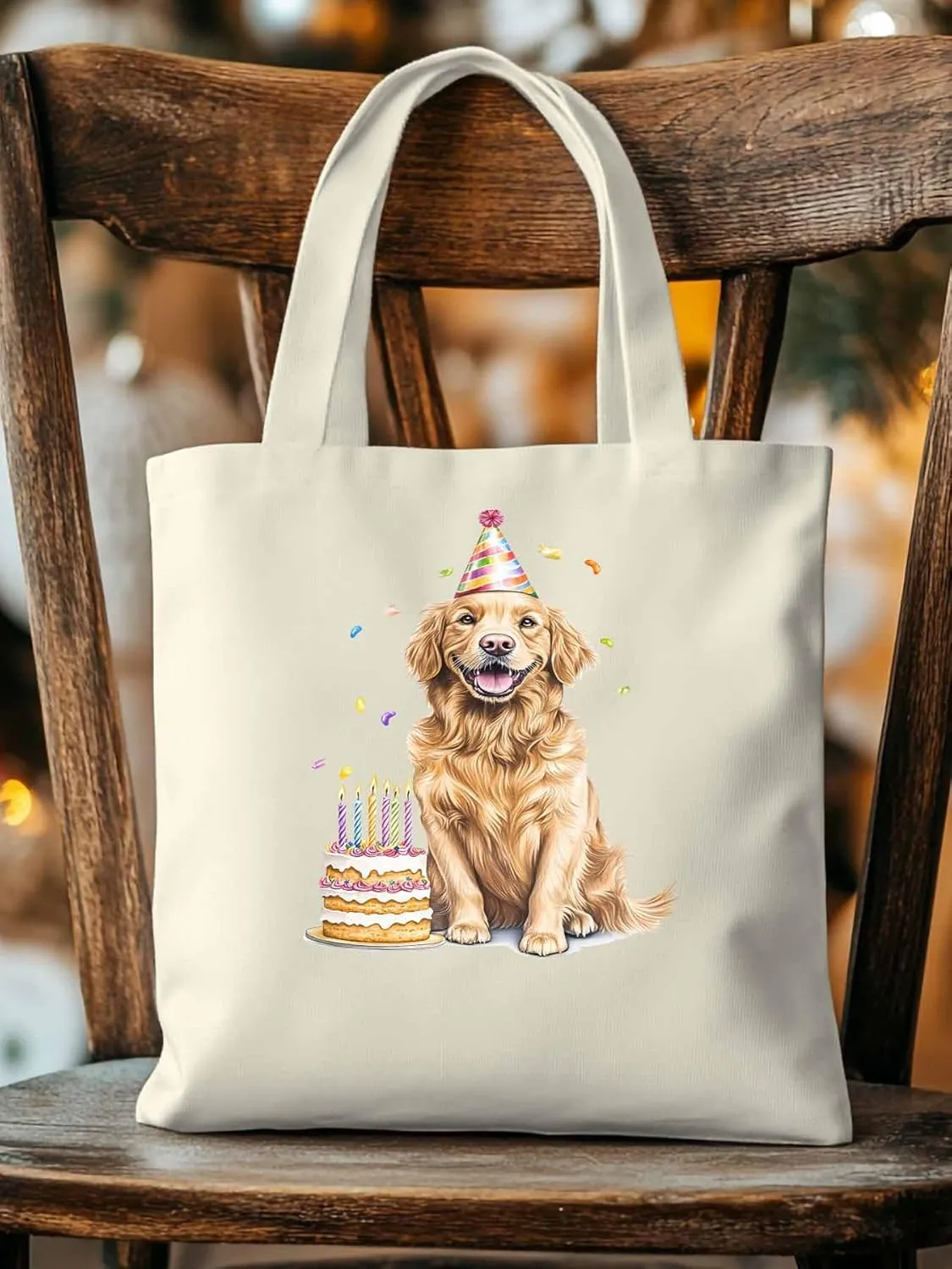 Canvas Tote Bag Dog Birthday Reusable Grocery Shopping Bags with Handle, Cute Animal Large Canvas