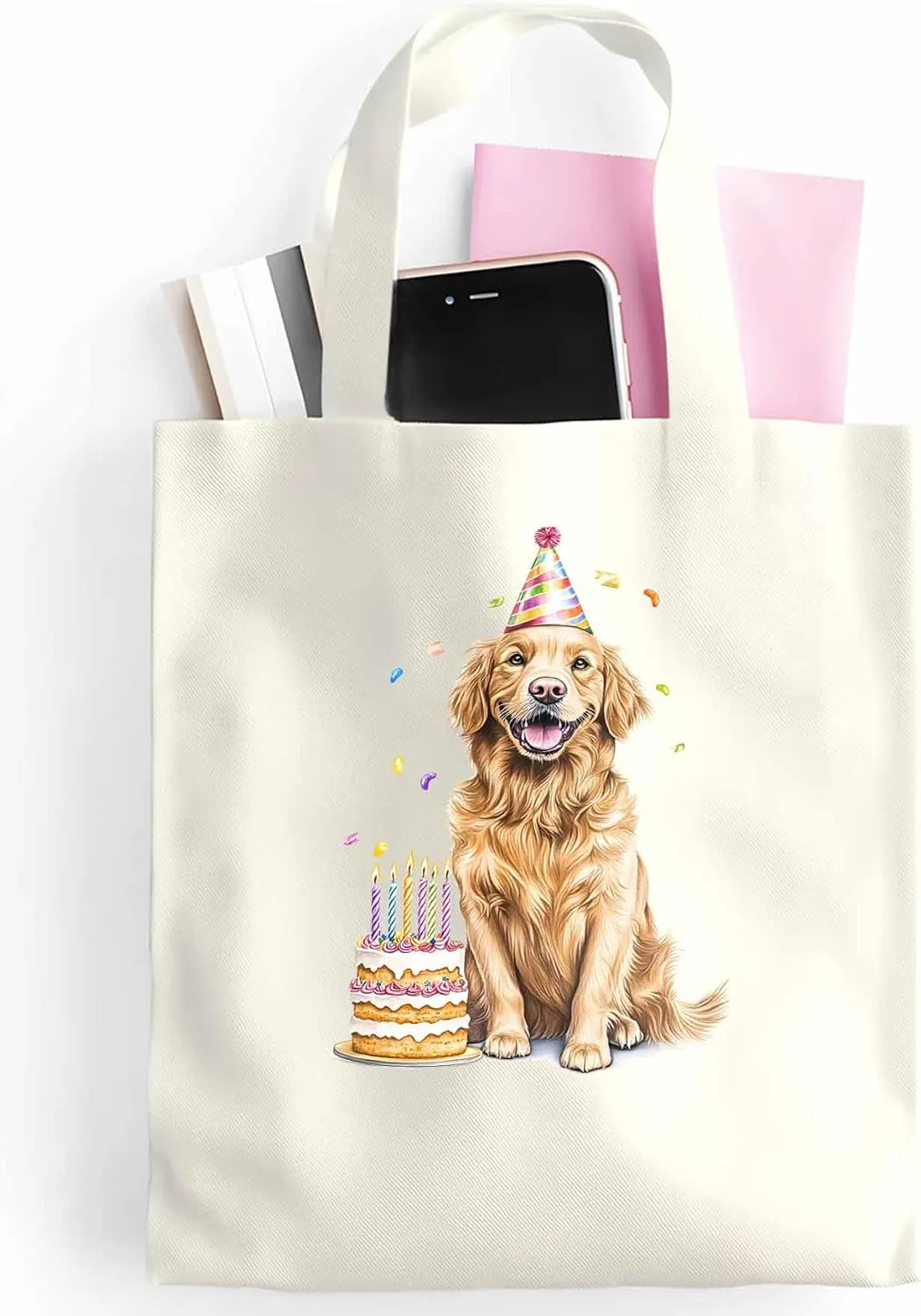 Canvas Tote Bag Dog Birthday Reusable Grocery Shopping Bags with Handle, Cute Animal Large Canvas