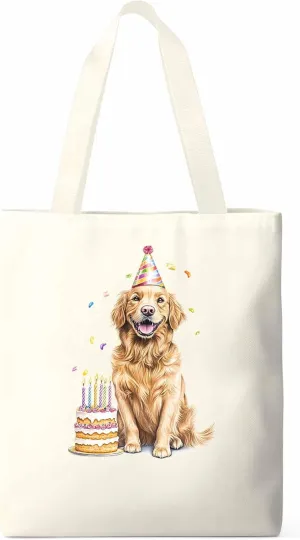 Canvas Tote Bag Dog Birthday Reusable Grocery Shopping Bags with Handle, Cute Animal Large Canvas
